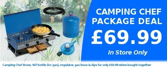 Camping Chef Camping Stove with gas bottle, regulator, gas hose and jubilee hose clips for only £74.98 in store.