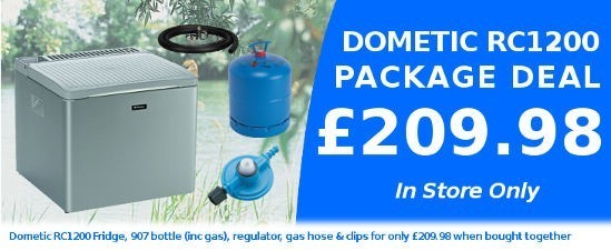 Dometic RC1200 Camping Fridge with gas bottle, regulator, gas hose and jubilee hose clips for only £209.98 in store.
