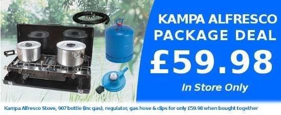 Kampa Alfresco Camping Stove with gas bottle, regulator, gas hose and jubilee hose clips for only £59.98 in store.