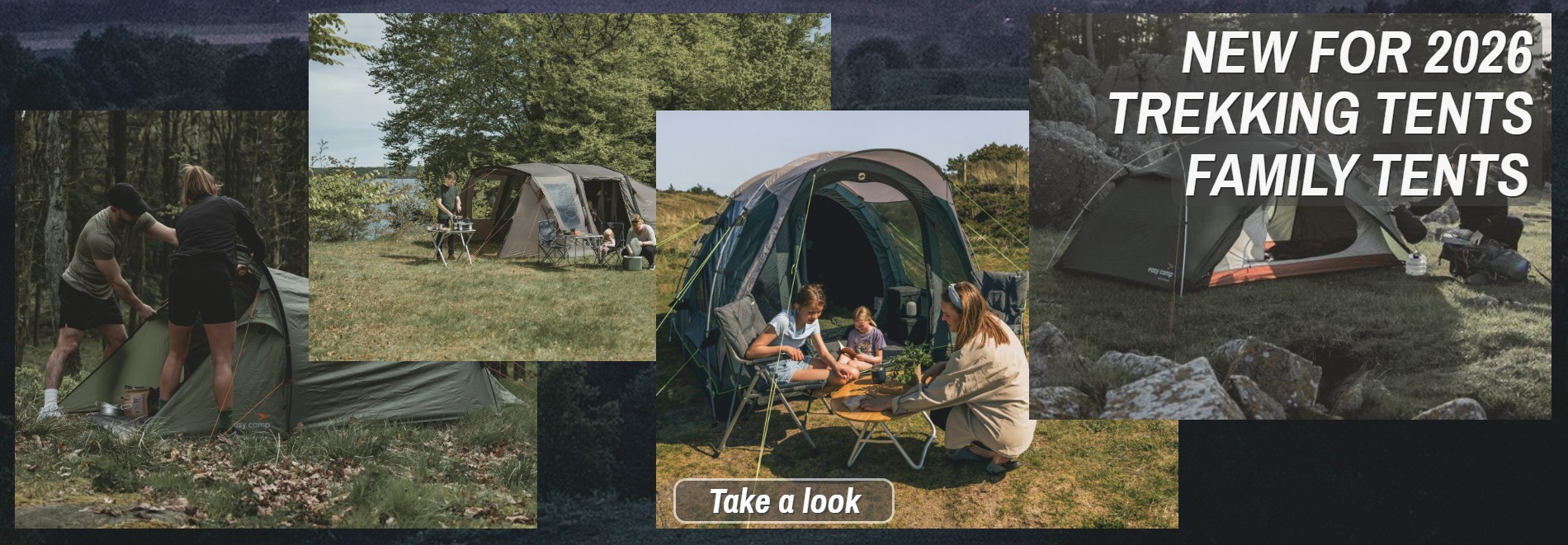 A banner consisting of multiple images of camping tents overlayed on a dark background