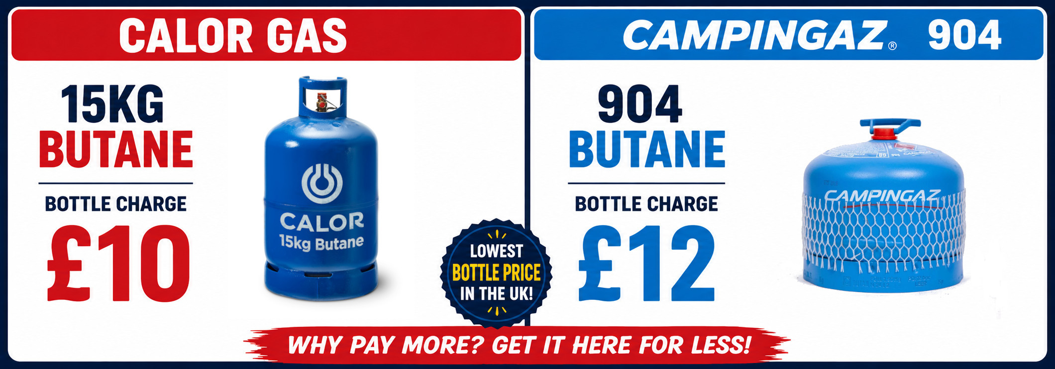 A banner advertising low prices on Calor Gas 15kg Butane bottles and Campingz 904 bottles