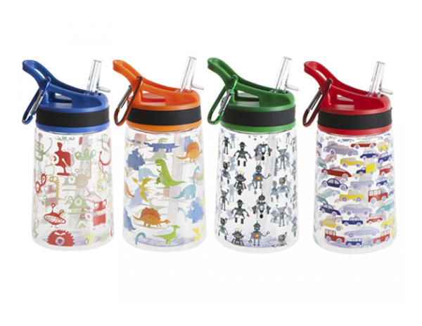 BPA Free Water Bottle & Lid 4 Assorted Designs for Kids 350ml