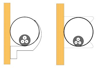 Multicore electrical cable in conduit mounted on a wooden wall using 2 different styles of clips