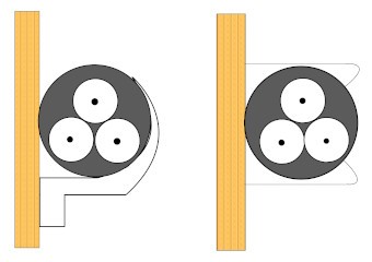 Multicore electrical cable mounted directly onto a wooden wall using 2 different styles of clips